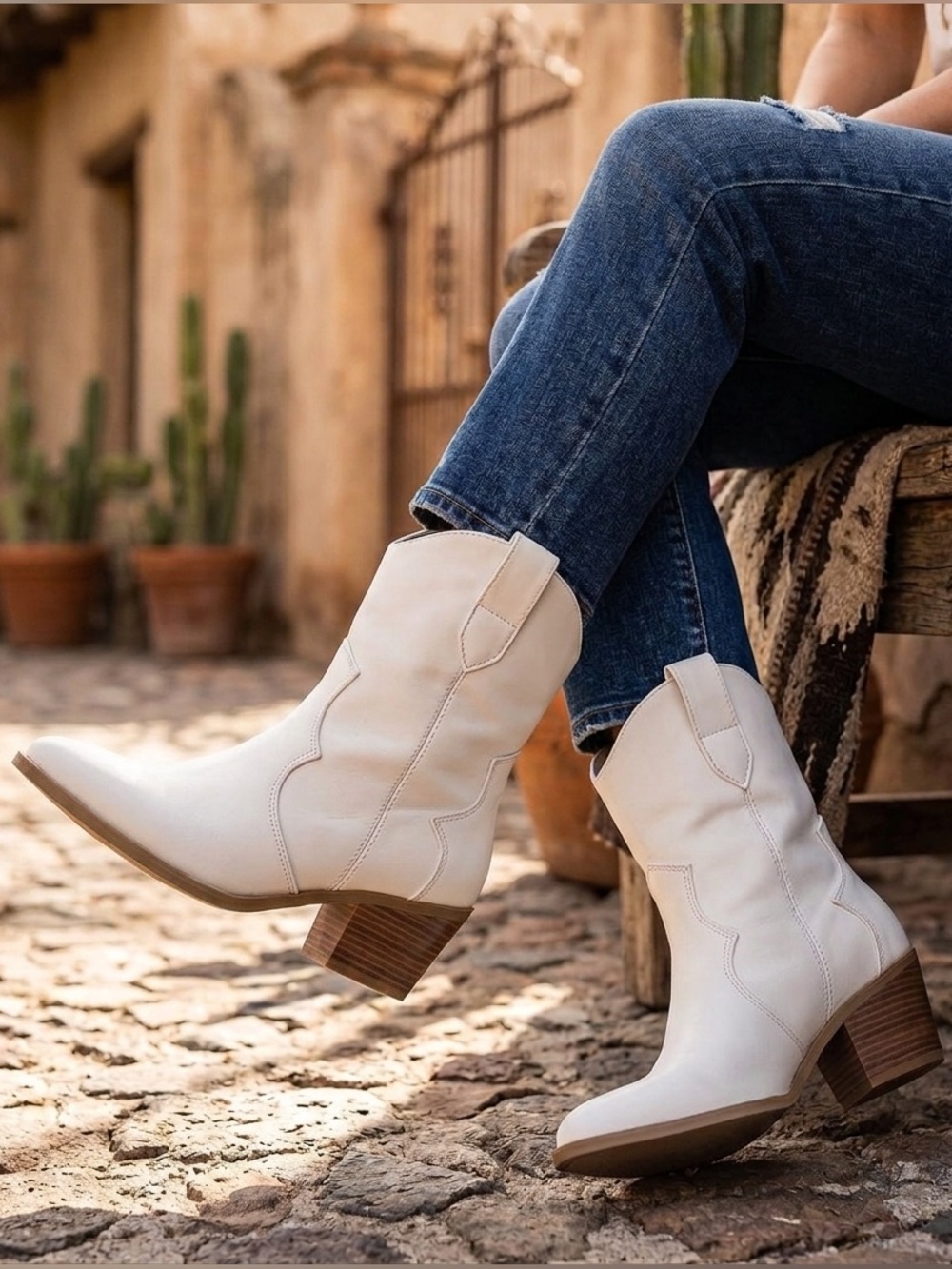 Journee Collection Western Booties Size 9‎ White Pointed Toe Block Heel